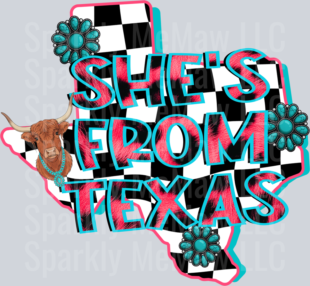 She's From Texas Highland Cow Checkered State Design UV DTF Decal