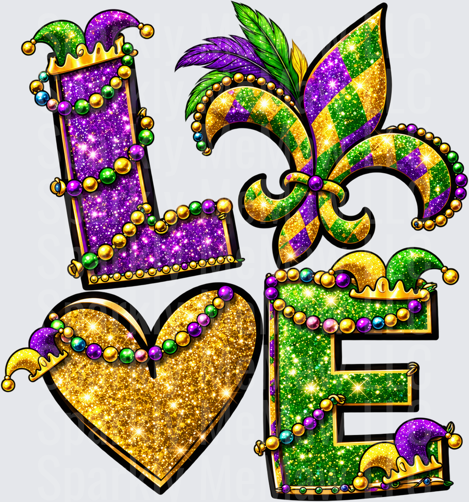 Mardi Gras LOVE Glitter Design DTF Transfer for Fabrics