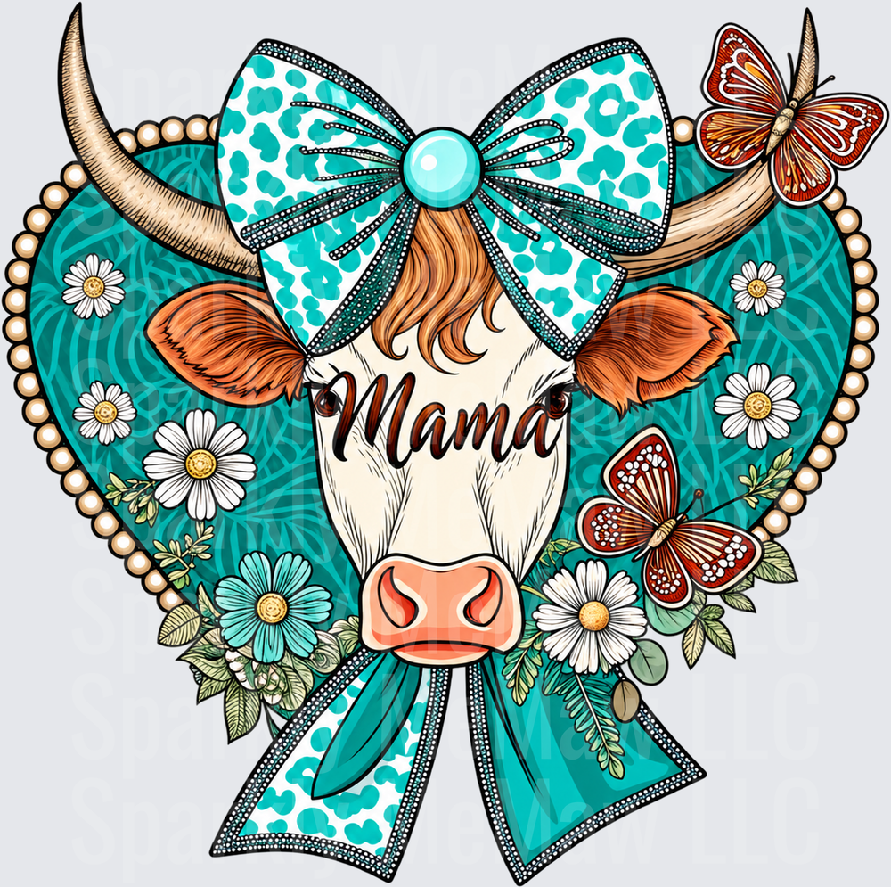 Mama Cow Teal Heart UV DTF DECAL (HARD SMOOTH SURFACE)