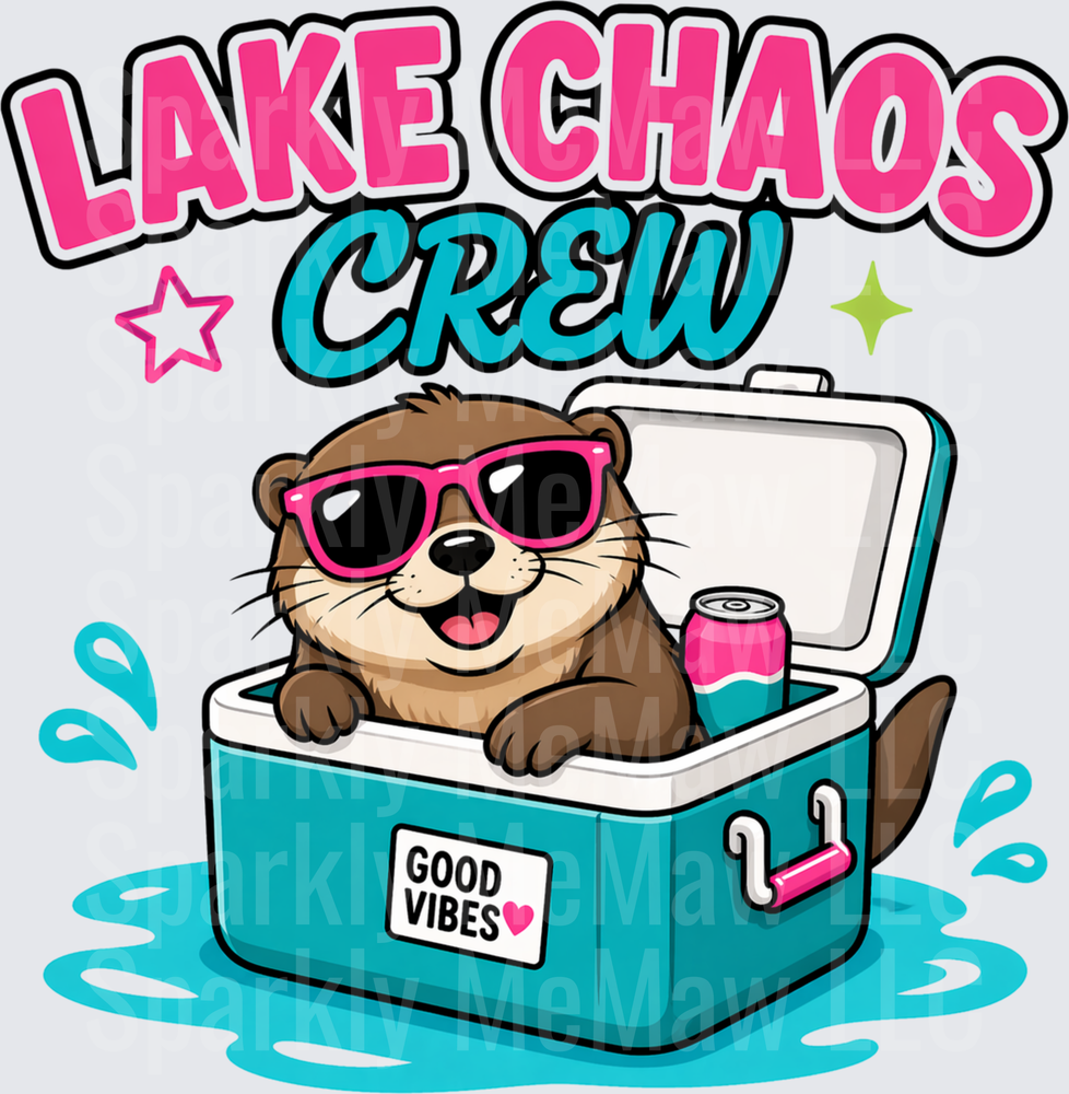 Lake Chaos Crew Cool Otter in Cooler with Pink Sunglasses Good Vibes Summer Design DTF Transfer for Fabric