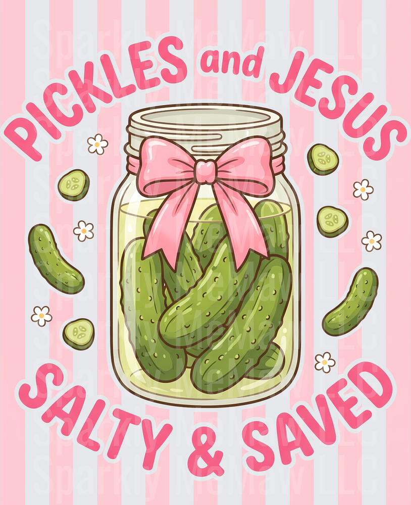 Pickles and Jesus Salty and Saved Mason Jar with Pink Bow UV DTF Decal