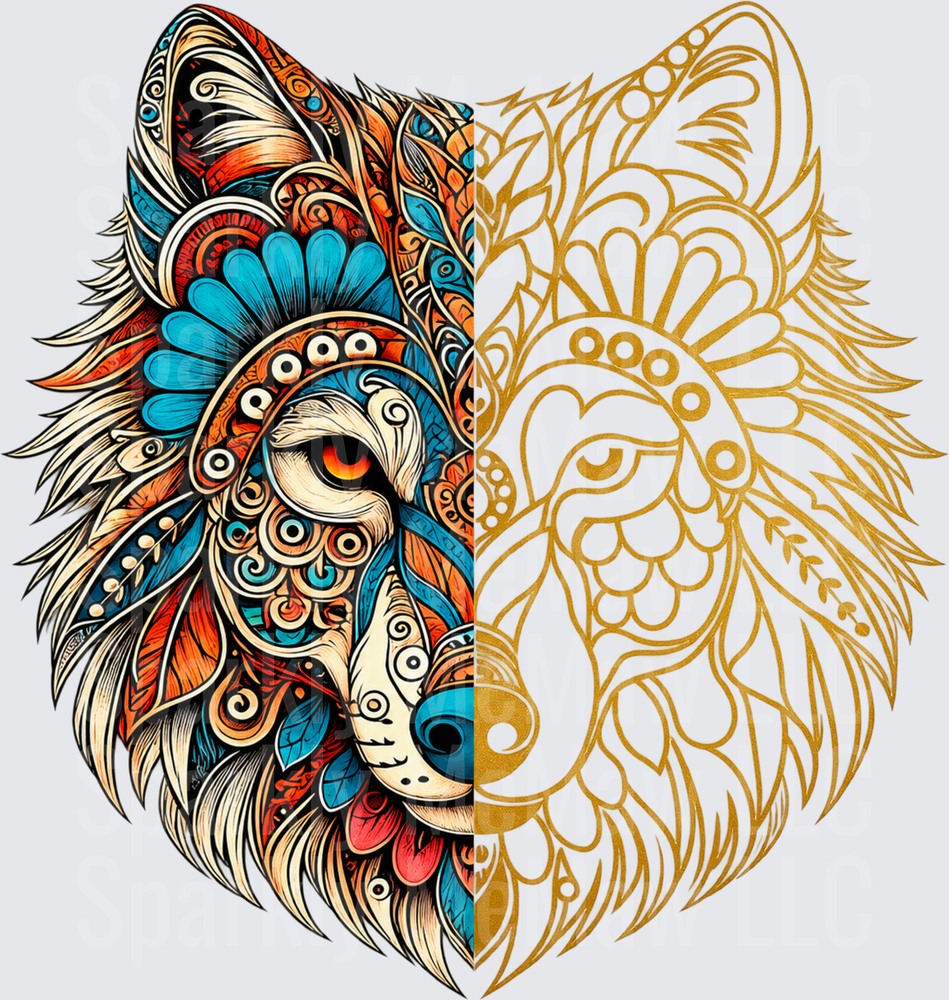 Mandala Wolf Split Design DTF Transfer for Fabrics