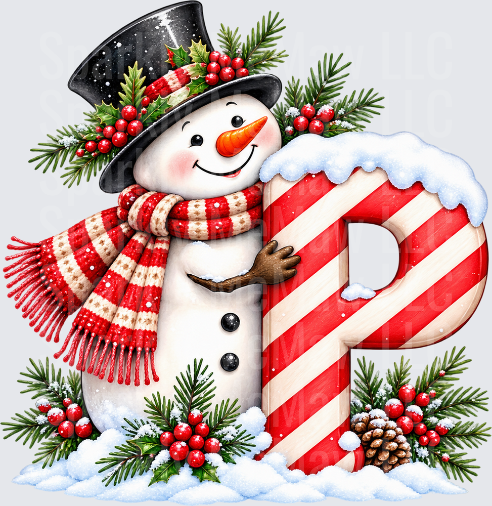 Snowman Letter P Christmas UV DTF DECAL (HARD SMOOTH SURFACE)
