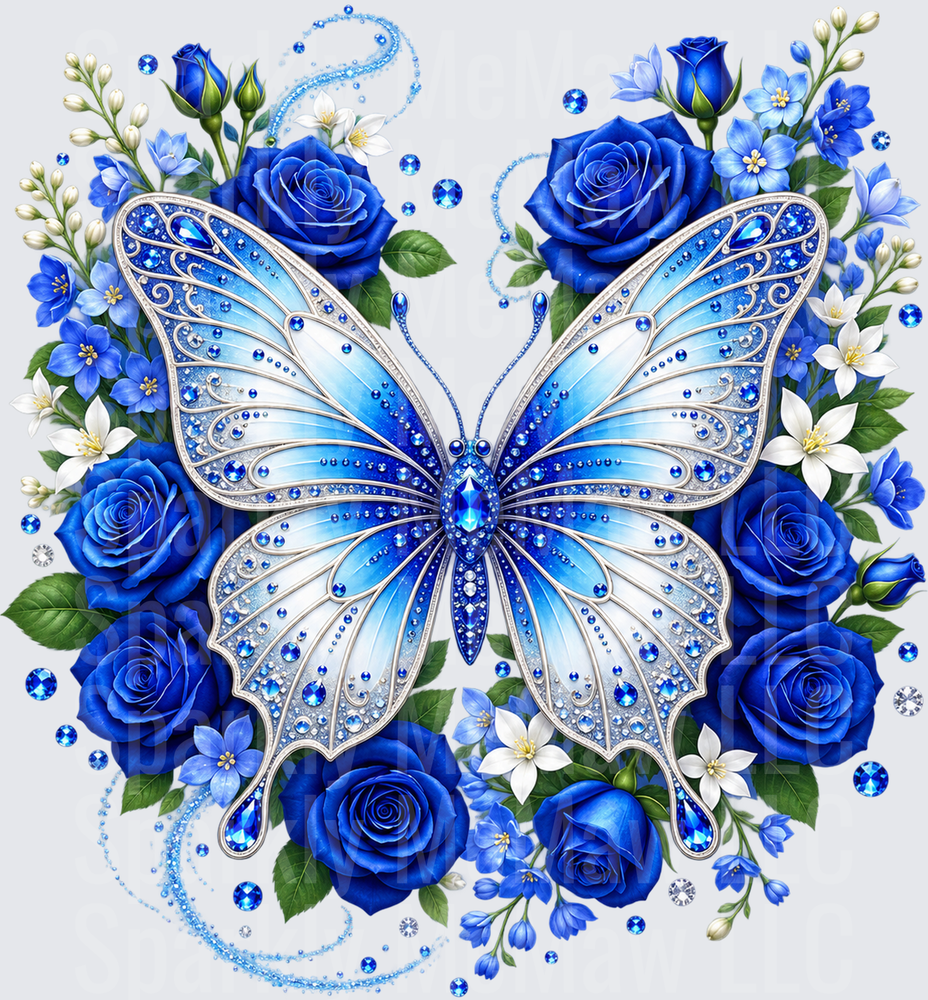 Jeweled Blue Butterfly Roses UV DTF DECAL (HARD SMOOTH SURFACE)