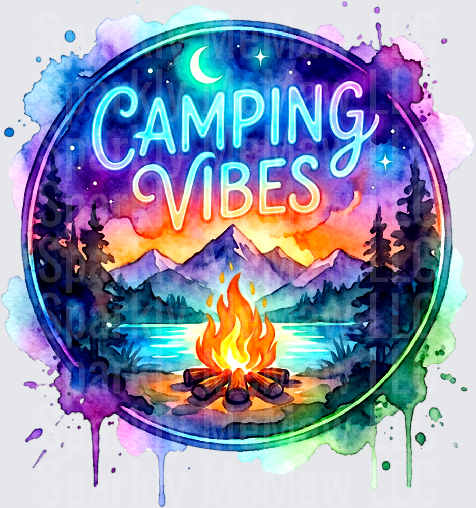 Camping Vibes Watercolor Mountain Lake Campfire Scene with Crescent Moon UV DTF Decal