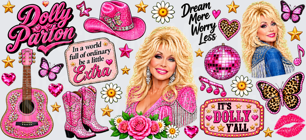 Dolly Parton Pink Glam UV DTF 16 oz wrap