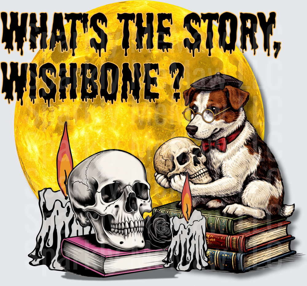 What's The Story Wishbone Dog With Skull Books and Candles Halloween Design