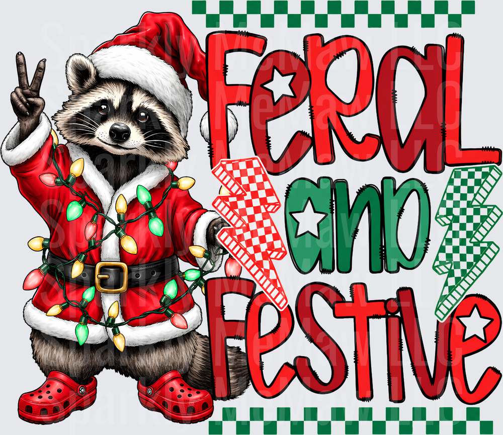 Feral and Festive Raccoon Christmas is a UV DTF Decal