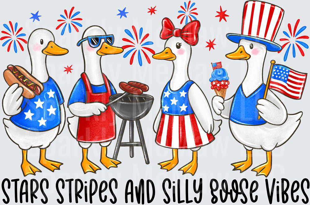 Patriotic Geese 4th of July BBQ Stars Stripes and Silly Goose Vibes DTF Transfer for Fabric