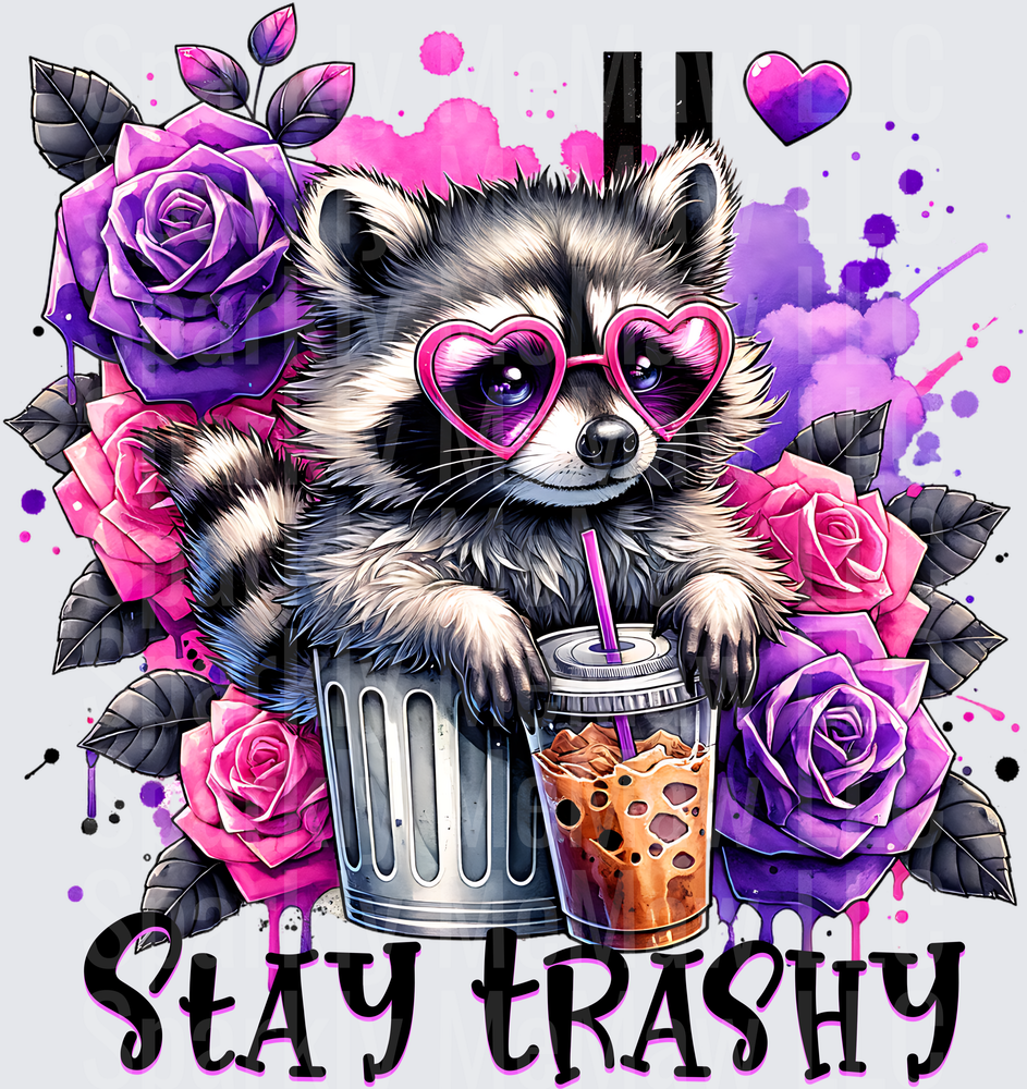 Stay Trashy Raccoon with Heart Sunglasses Boba Tea and Purple Roses UV DTF Decal