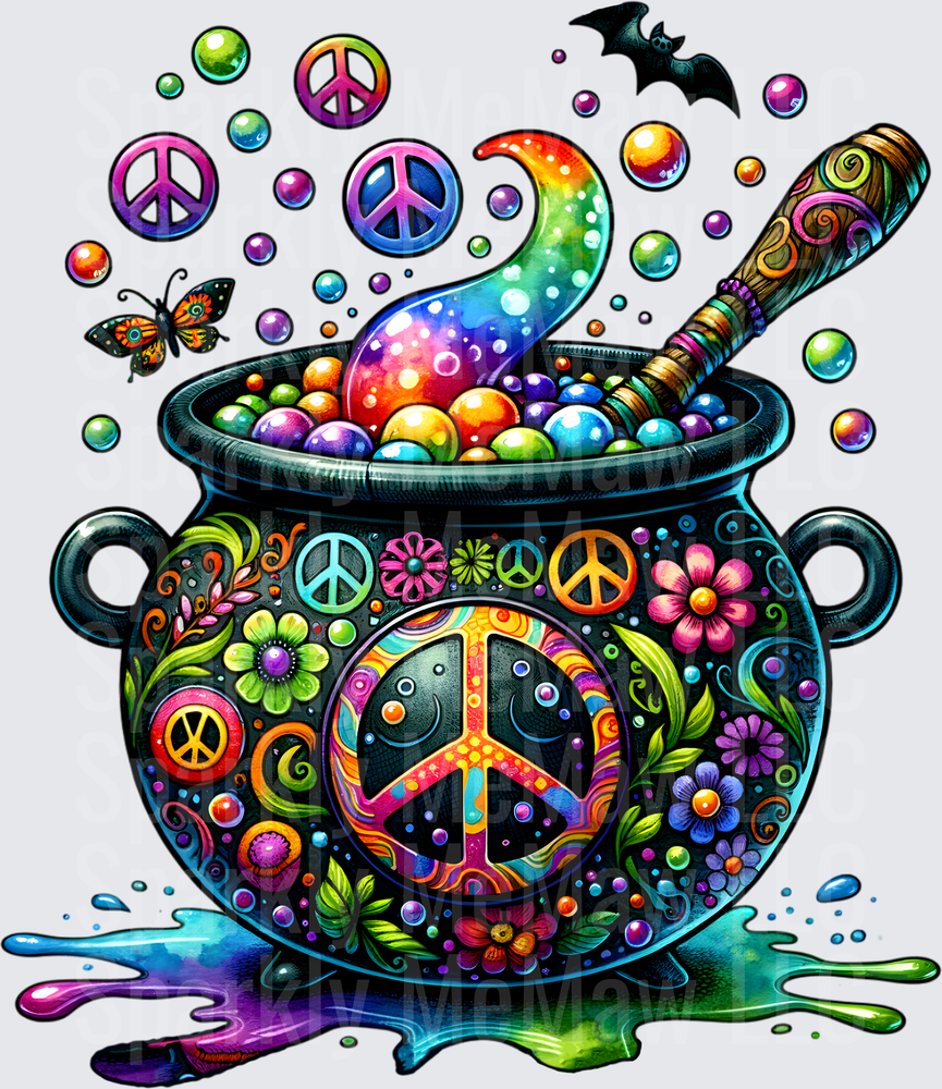 Hippie Peace Cauldron Halloween Witch is a UV DTF Decal