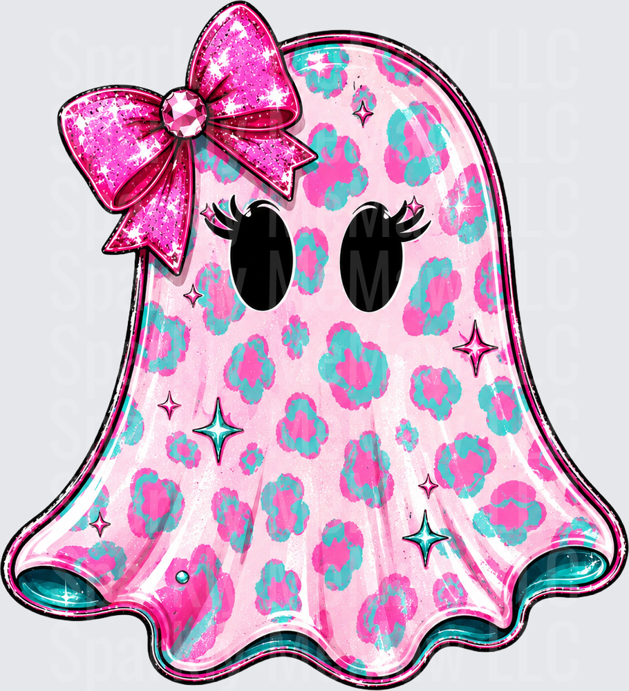 Cute Pink Floral Ghost with Sparkly Bow and Eyelashes UV DTF Decal
