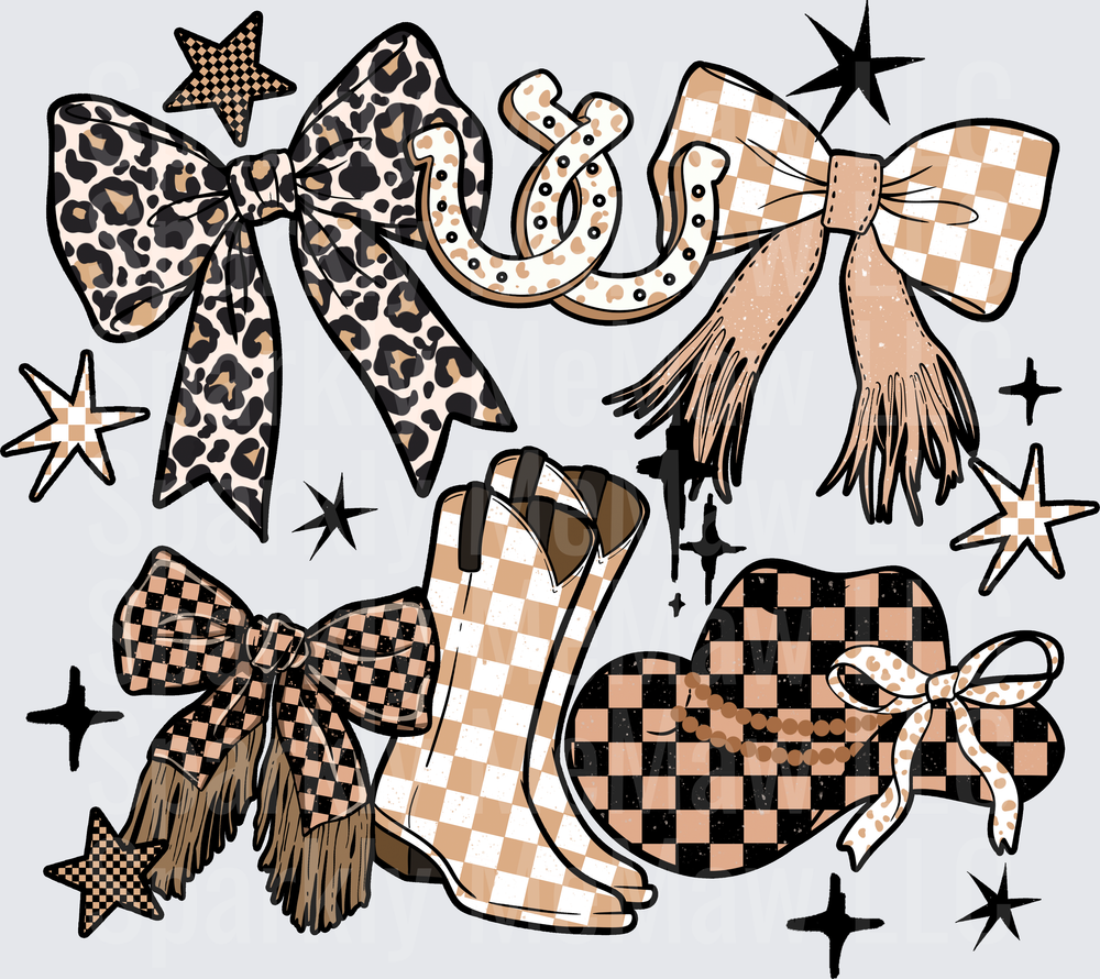 Retro Western Cowgirl Boots Bows Leopard Print Checkered Pattern Stars