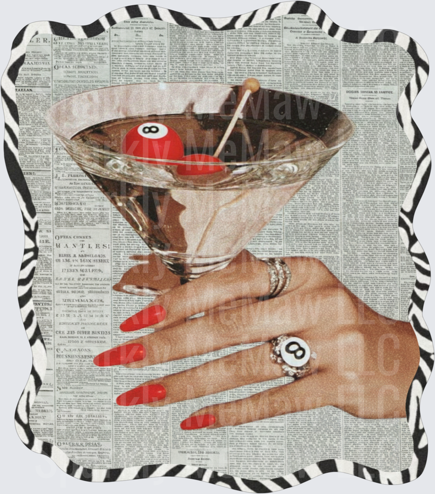 Vintage Pool Ball Martini Glass with Red Nails Collage UV DTF Decal
