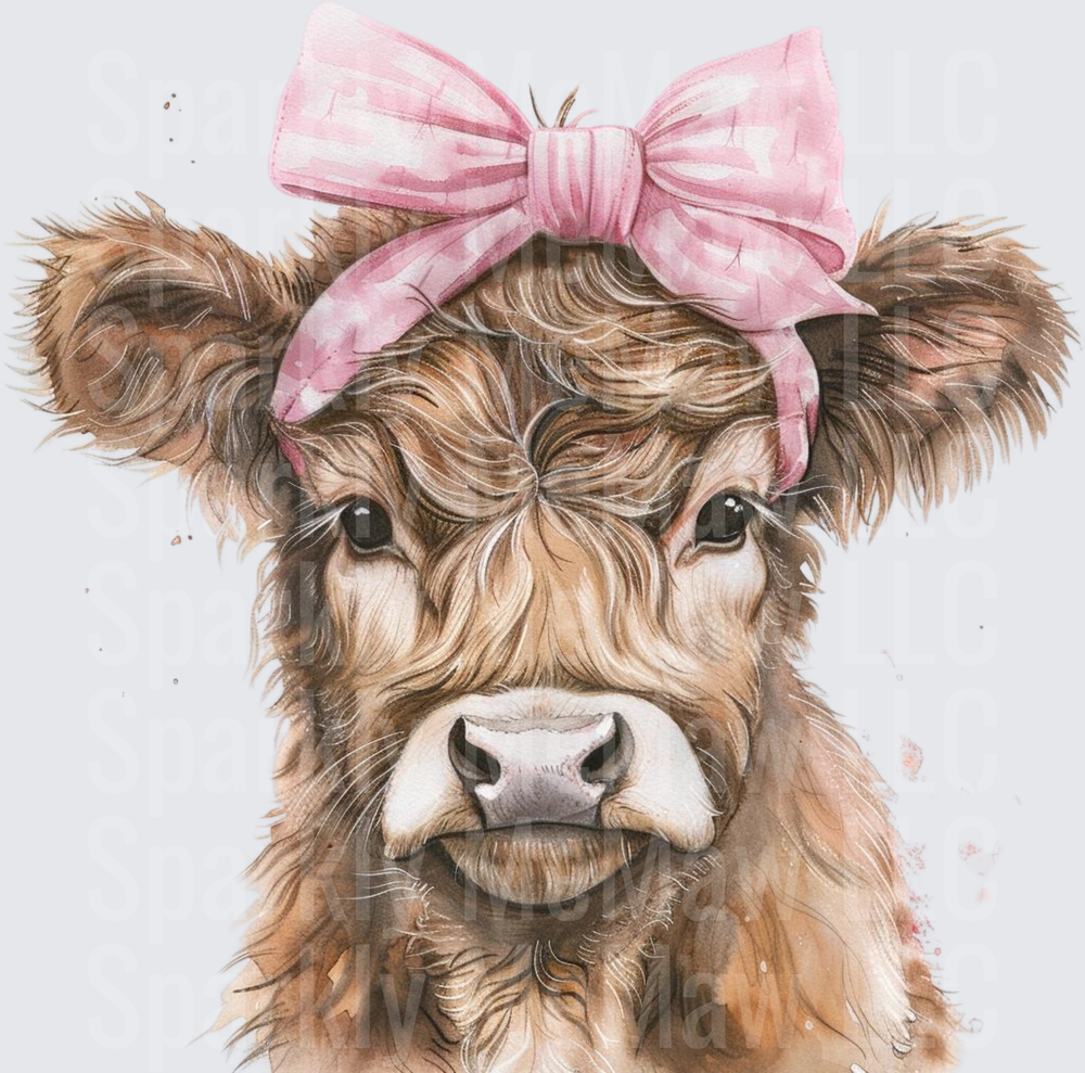 Highland Cow with Pink Gingham Bow Watercolor Portrait