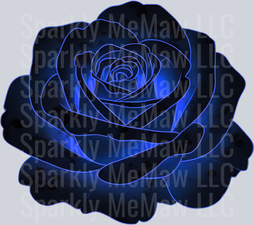 Dark Blue Neon Glowing Rose with Electric Blue Outline UV DTF Decal