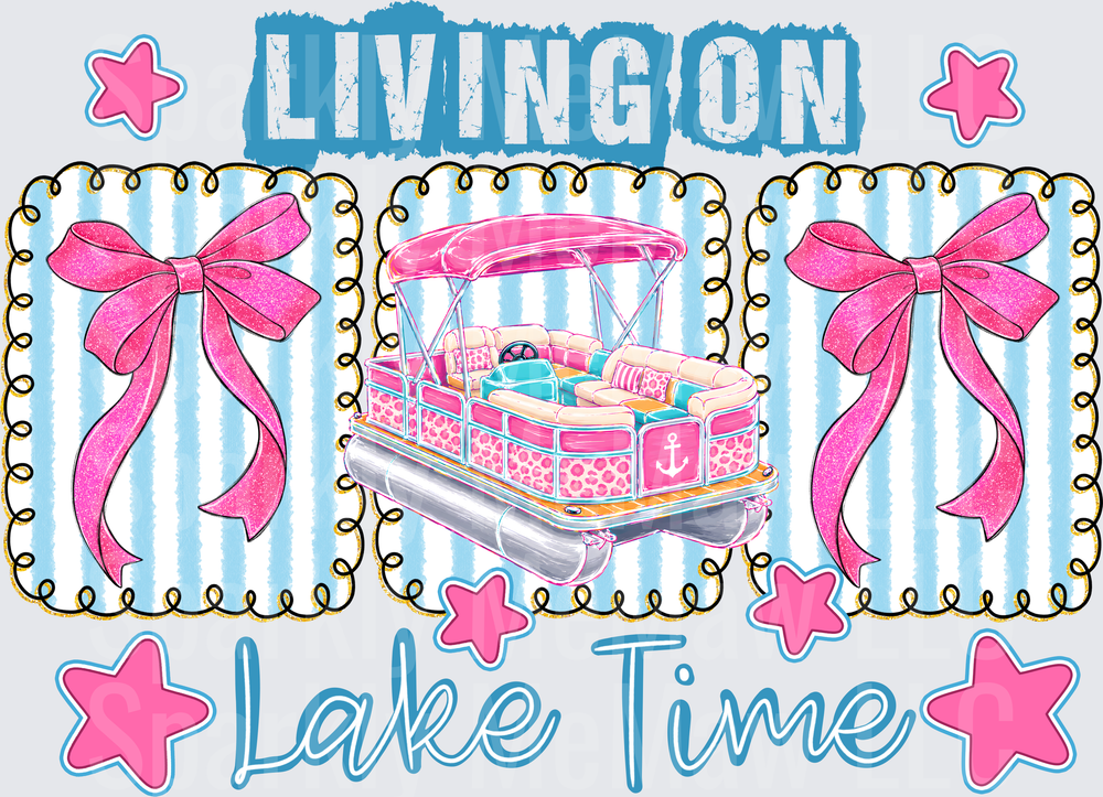 Living On Lake Time Pink Pontoon Boat with Coquette Bows and Stars UV DTF Decal