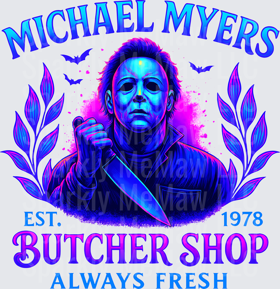 Michael Myers Halloween Butcher Shop Neon Horror Design DTF Transfer for Fabric