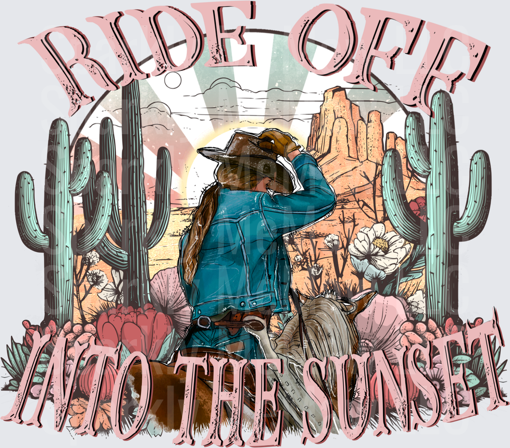 Ride Off Into The Sunset Cowgirl Desert Scene UV DTF Decal