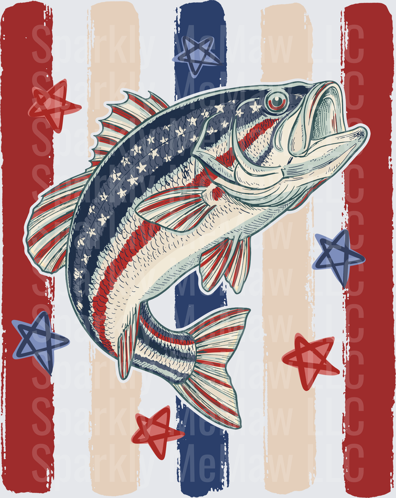 Patriotic Bass Fish with Stars and Stripes American Flag Design UV DTF Decal