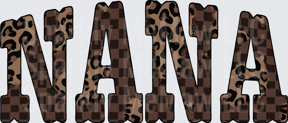NANA Leopard Print and Checkered Pattern Brown Text Design DTF Transfer for Fabric