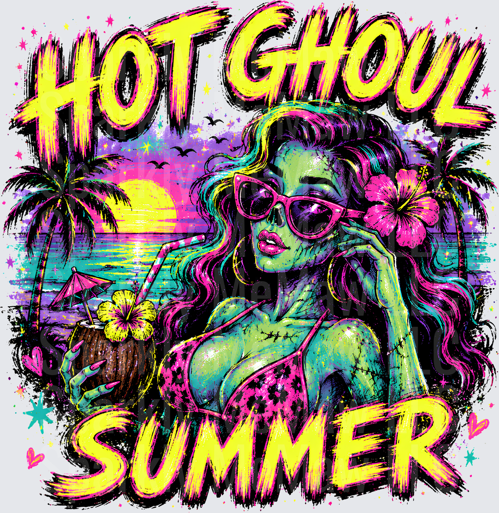 Hot Ghoul Summer Zombie Pin-Up Girl with Tropical Beach Scene DTF Transfer