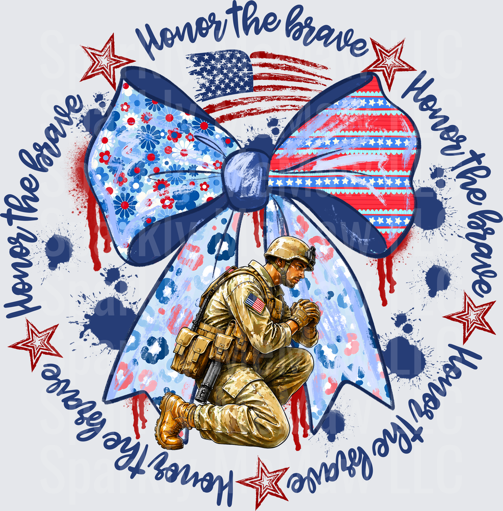 Honor The Brave Kneeling Soldier Praying American Flag Bow Patriotic UV DTF Decal