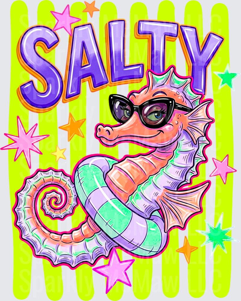 Salty Seahorse Wearing Sunglasses Colorful Stars Neon Stripe DTF Transfer for fabrics