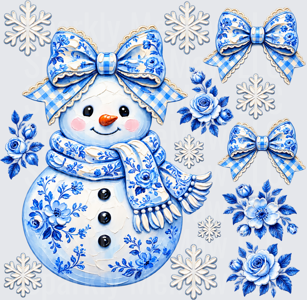 Blue Floral Snowman is a 10x10 UV DTF Cut/Peel/Stick Sheet