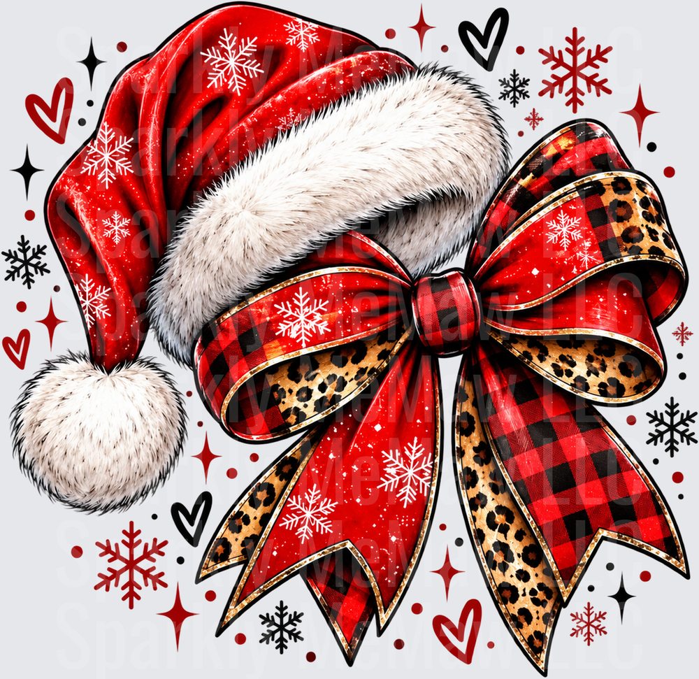 Red Santa Hat Leopard Buffalo Plaid Bow DTF Transfer for Fabrics