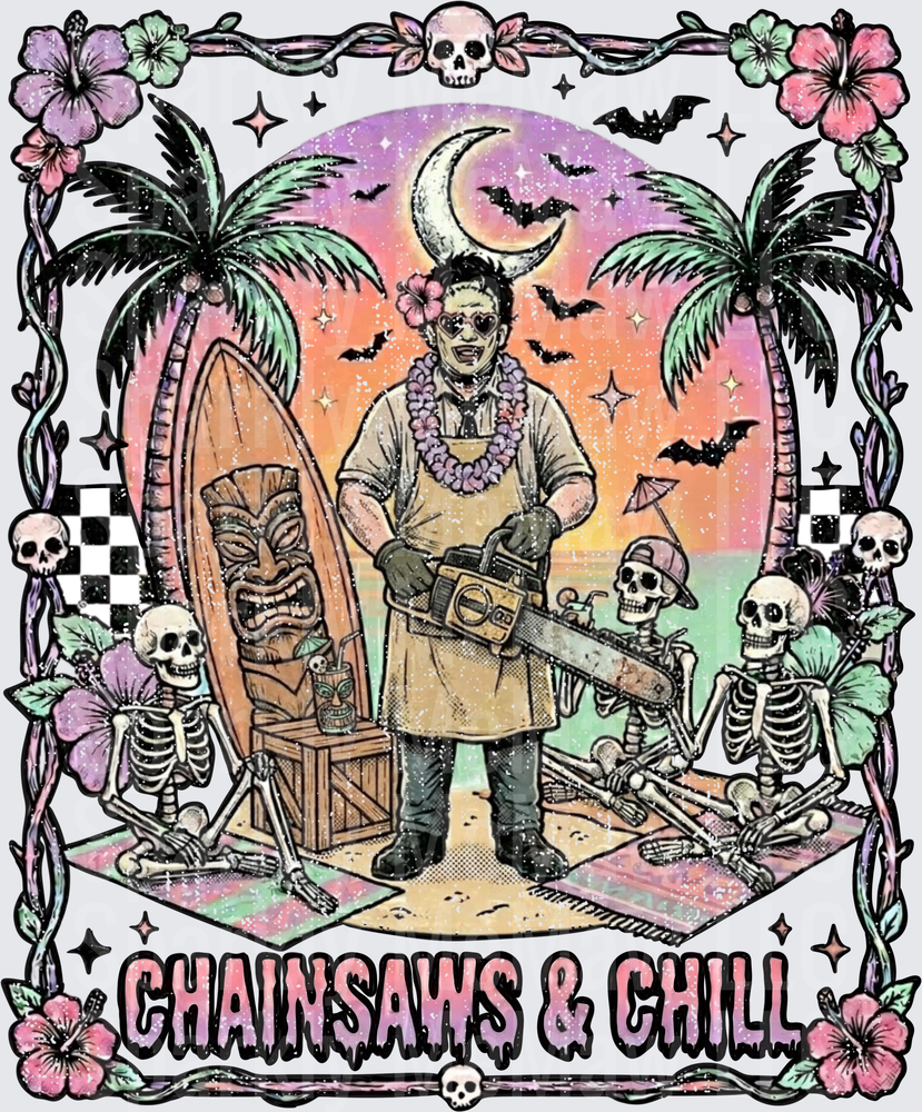 Chainsaws & Chill Horror Movie Parody with Skeletons Tropical Scene UV DTF Decal
