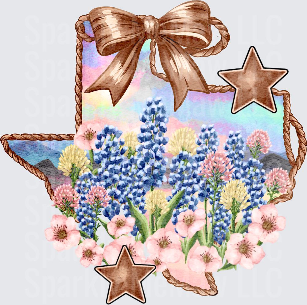 Texas State Shape with Bluebonnets and Wildflowers UV DTF Decal