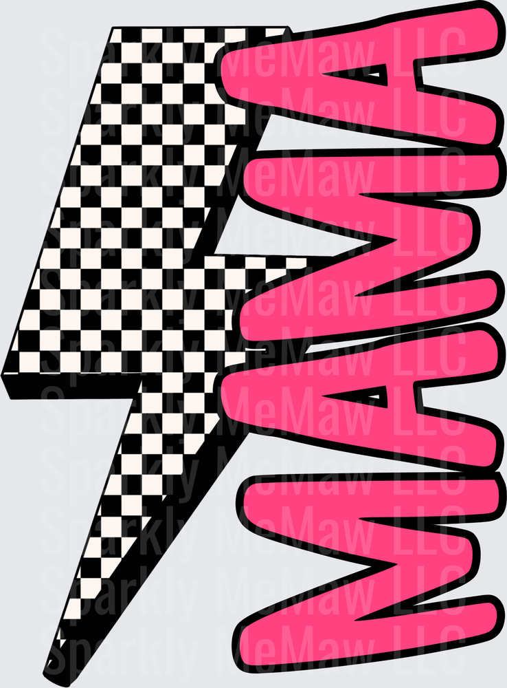 Pink MAMA Text with Black and White Checkered Lightning Bolt UV DTF Decal