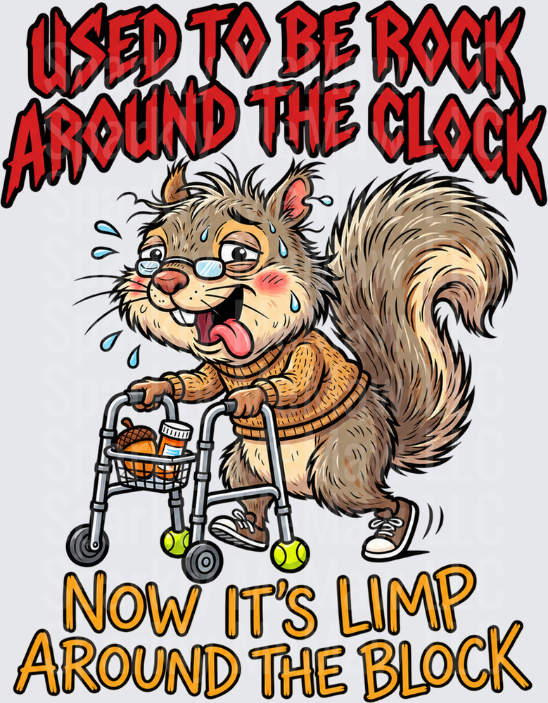 Elderly Squirrel Walker Humor is a DTF Transfer for Fabrics