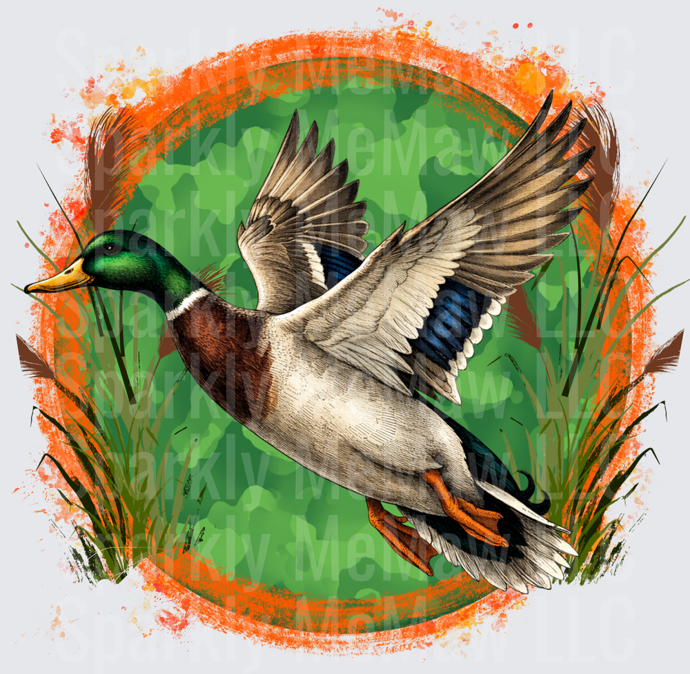 Flying Mallard Duck in Wetland Cattails with Orange Splash Border UV DTF Decal