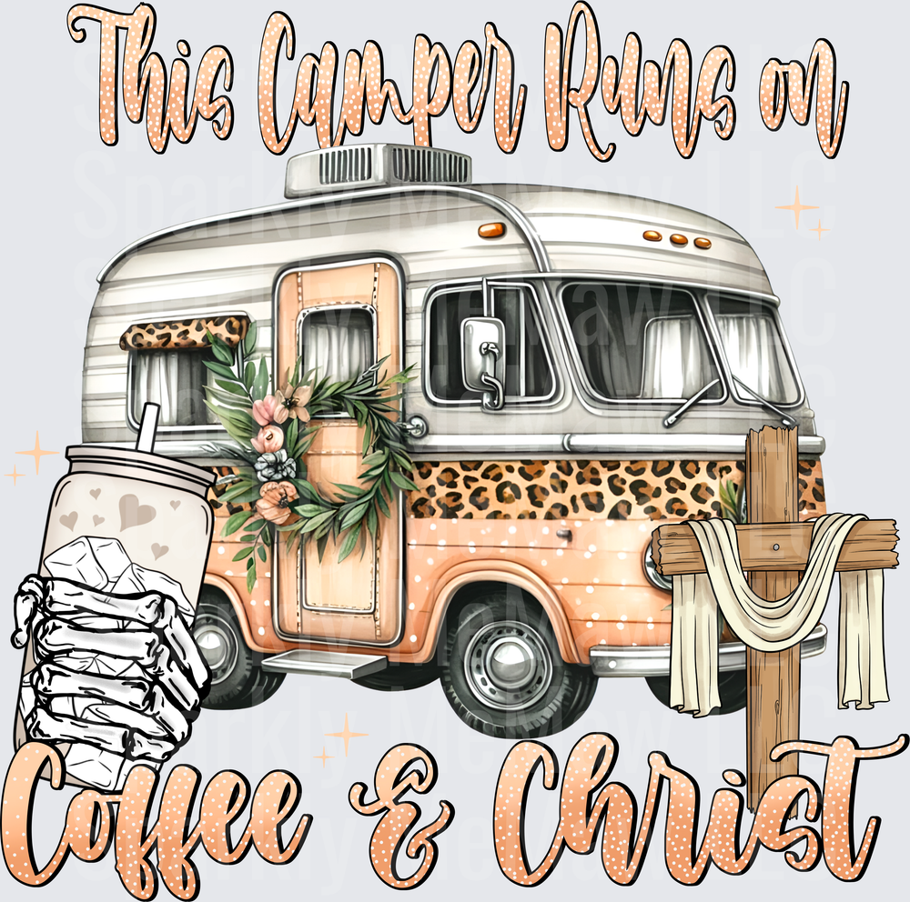 This Camper Runs on Coffee and Christ Vintage RV with Leopard Print and Floral Wreath UV DTF Decal