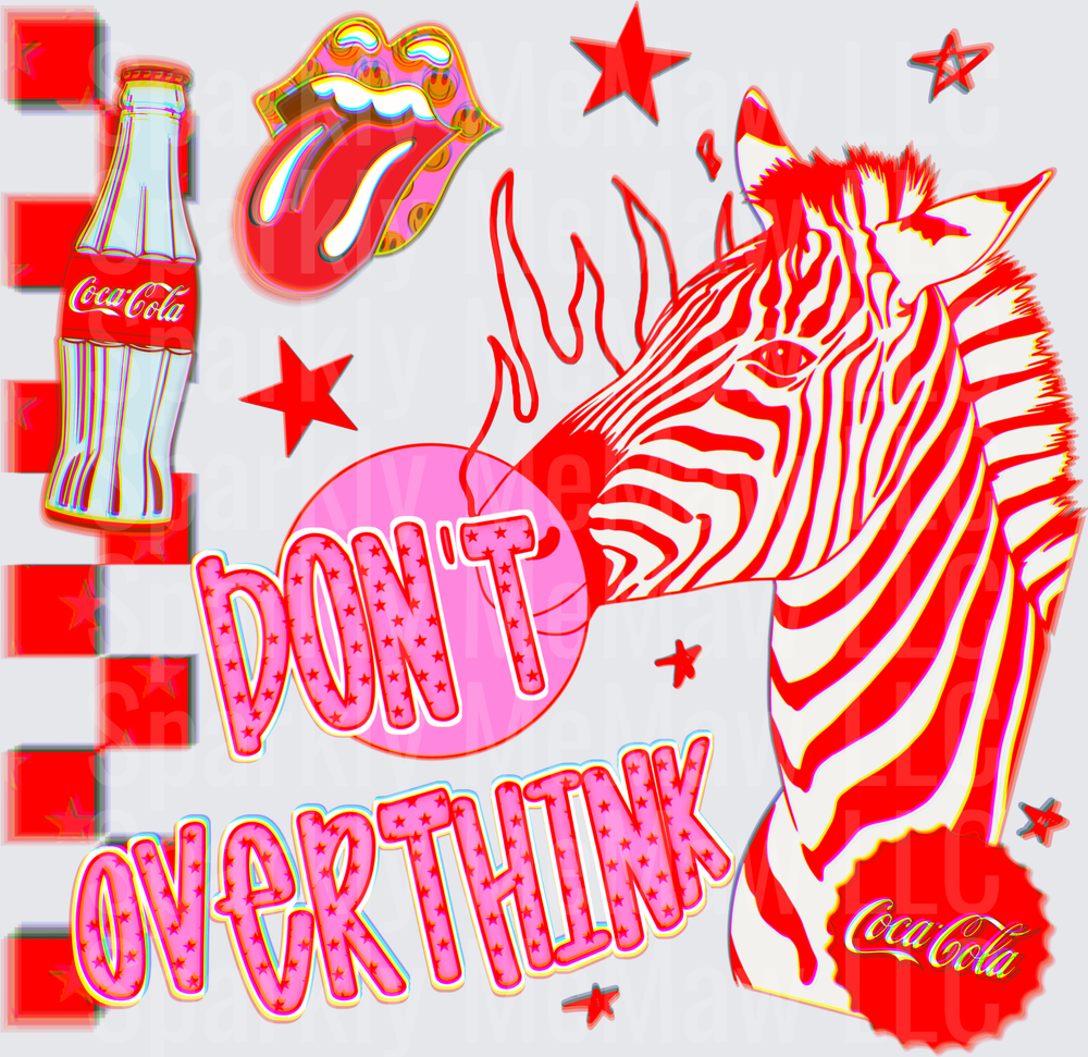 Don't Overthink Zebra with Rolling Stones Tongue and Coca-Cola Bottle Pop Art UV DTF Decal