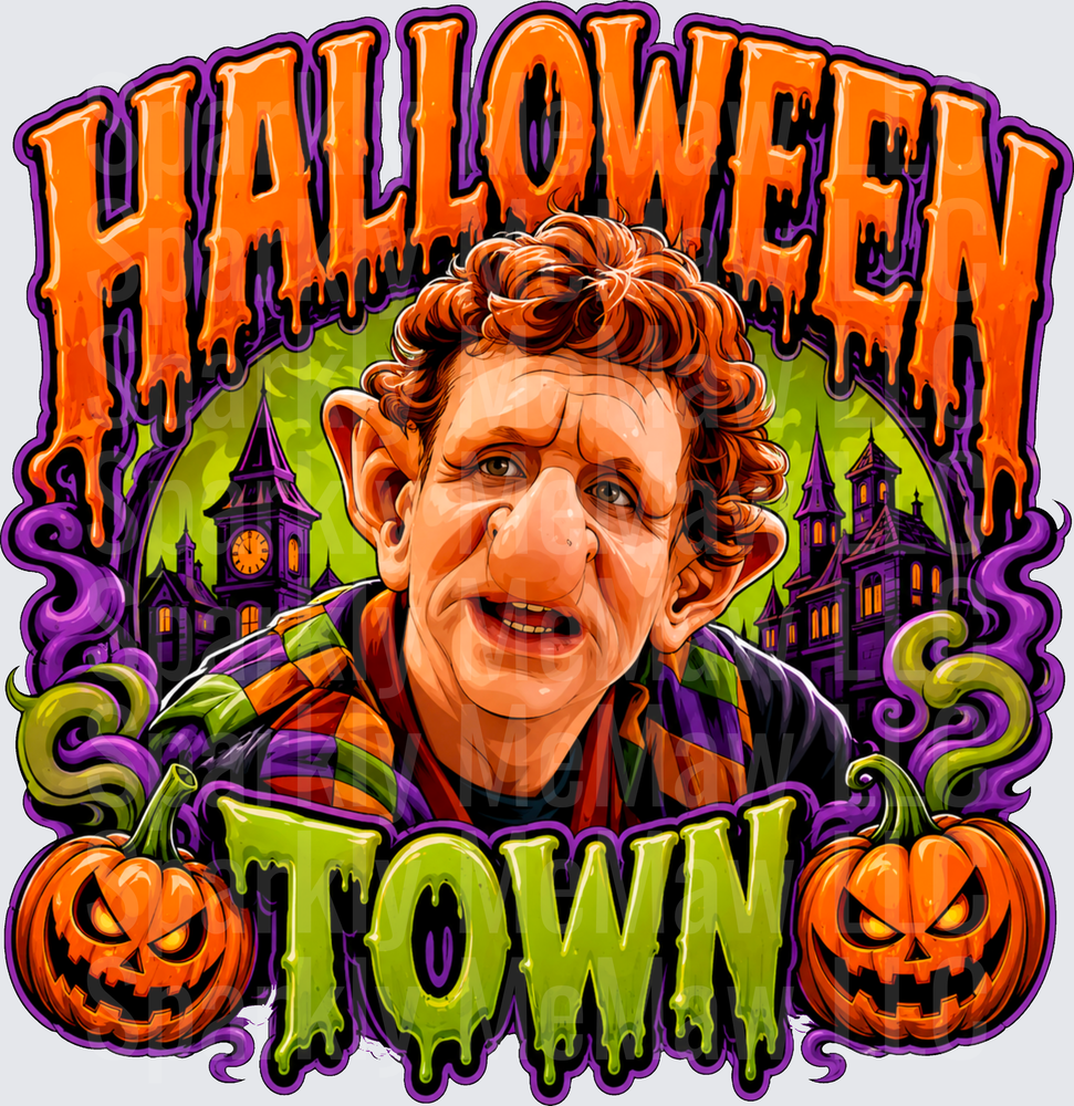 Halloween Town Marnie's Grandma Aggie Cromwell Caricature with Jack-o-Lanterns and Haunted Mansion DTF Transfer (fabrics)