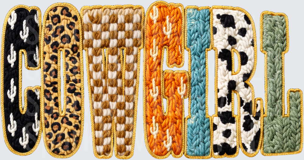 Cowgirl Faux Embroidery Mixed Pattern Letters DTF Transfer for Fabrics featuring Leopard Print Checker Cowhide Cactus and Knit Textures in Bold Western Typography