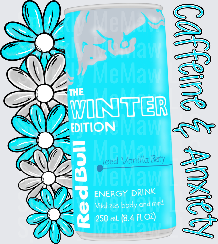 Red Bull Winter Edition Energy Drink Can with Decorative Flowers DTF Transfer for Fabric