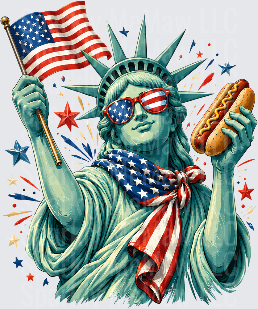 Patriotic Statue of Liberty with American Flag Sunglasses and Hot Dog Fourth of July DTF Transfer