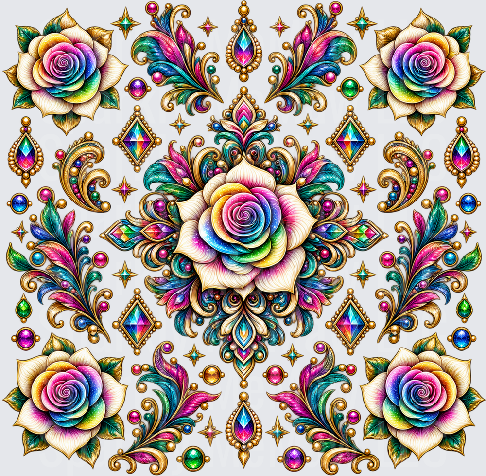 Rainbow Rose Jeweled Baroque Ornamental Symmetry This Is A 10X10 UV DTF Full Sheet