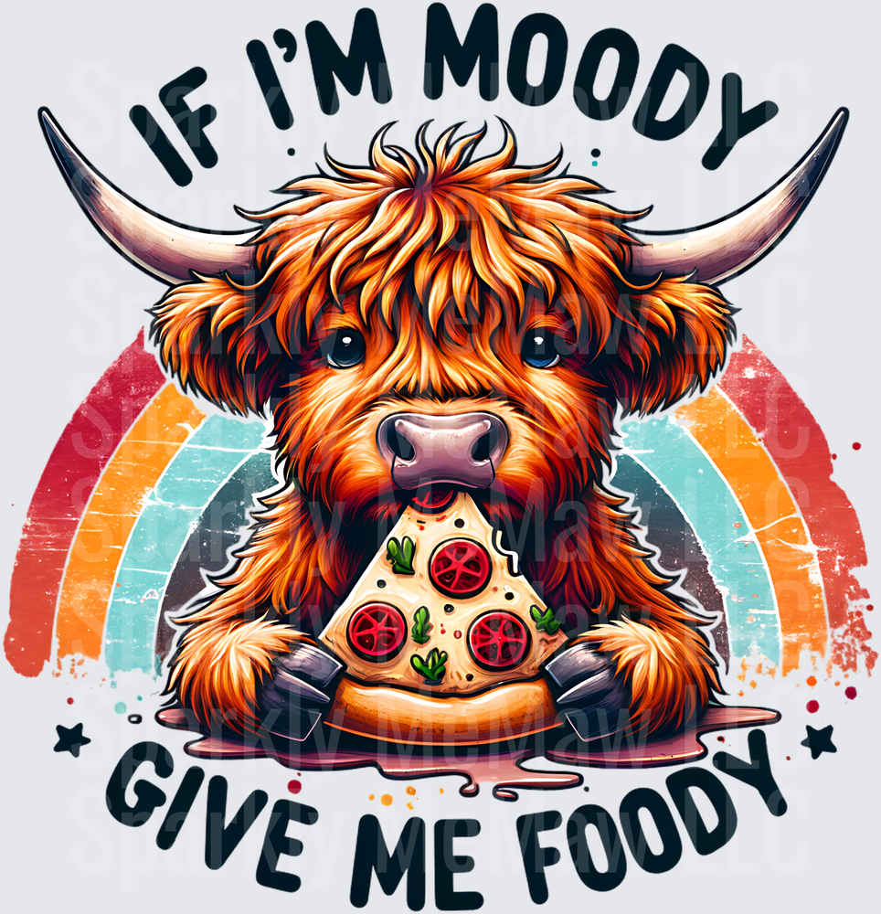 Moody Highland Cow Eating Pizza If I'm Moody Give Me Foody Vintage Rainbow UV DTF Decal