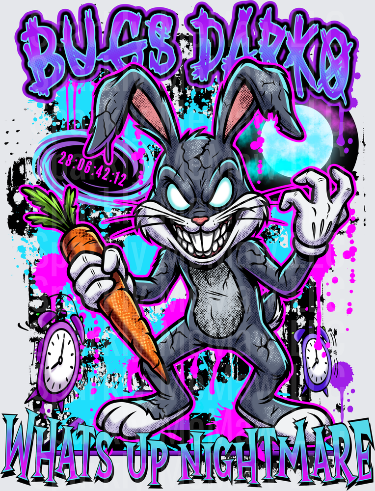 Bugs Bunny Nightmare Graffiti Style Cartoon Rabbit with Carrot and Clocks DTF Transfer for Fabric