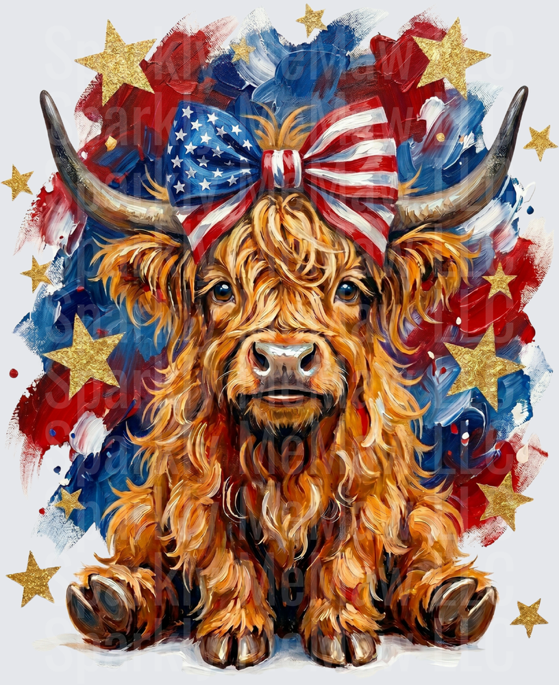 Highland Cow with American Flag Bow and Patriotic Stars Background UV DTF Decal