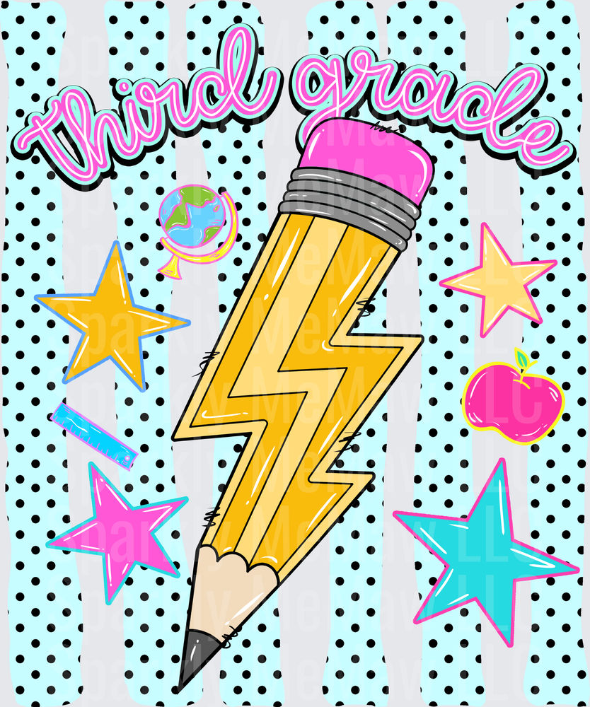 Third Grade Lightning Bolt Pencil with Stars and Apple School DTF Transfer for Fabric