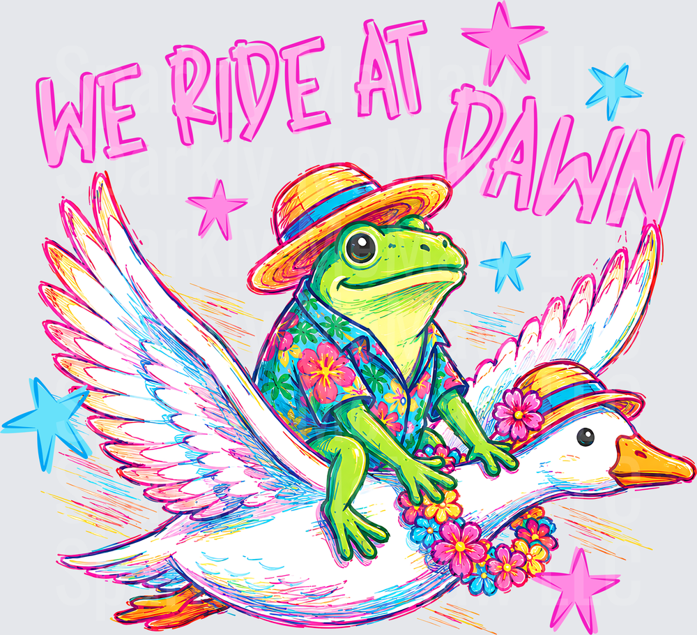 We Ride At Dawn Frog Riding Goose DTF Transfer - Colorful Frog in Hawaiian Shirt and Straw Hat Flying on Goose with Floral Wreath and Stars