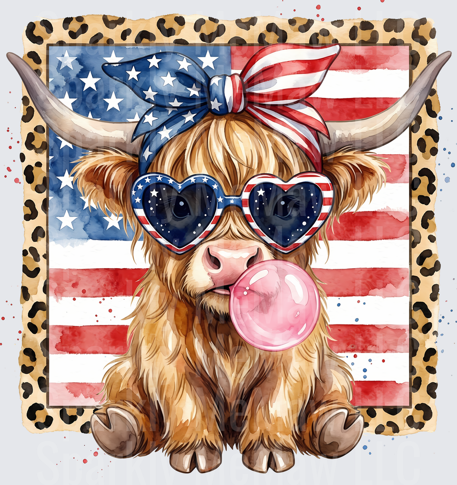 Patriotic Highland Cow with Heart Sunglasses Blowing Bubble Gum Leopard Border - This is a UV DTF Decal