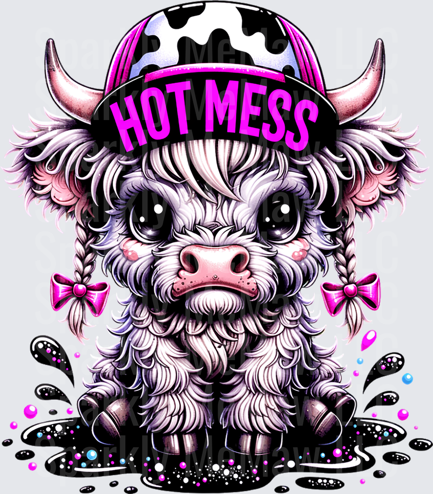 Cute Highland Cow Hot Mess with Pink Bandana and Pigtails DTF Transfer for Fabric
