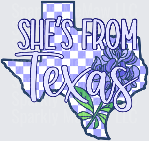 She's From Texas Purple Checkered State Outline with Bluebonnet Flowers UV DTF Decal